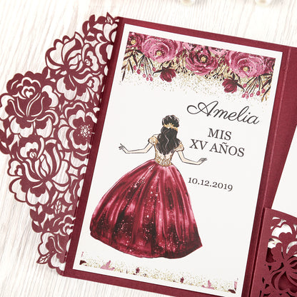 Burgundy Floral Laser cut invitation cards for Quinceanera - DorisHome