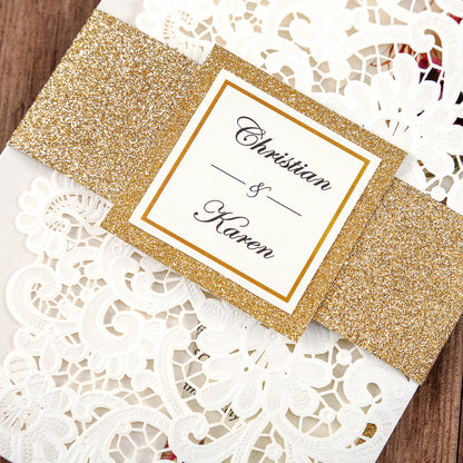 White Hollow Flora Laser Cut Invitations with Gold Glitter Border and Glitter Belly Band for wedding,bridal shower