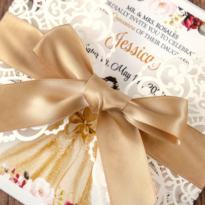 Square Wedding Invitations Cards with Gold Ribbon For Quinceanera - DorisHome