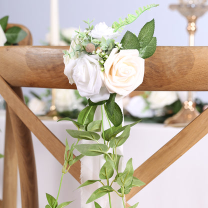 Wedding Aisle Decorations White Pew Flowers Set of 10 for Wedding Ceremony Party Chair Decor with Artificial Flowers Eucalyptus and Ribbons