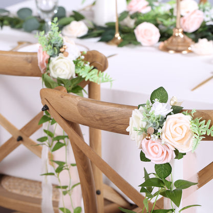 Wedding Aisle Decorations Pink Pew Flowers Set of 10 for Wedding Ceremony Party Chair Decor with Artificial Flowers Eucalyptus and Ribbons