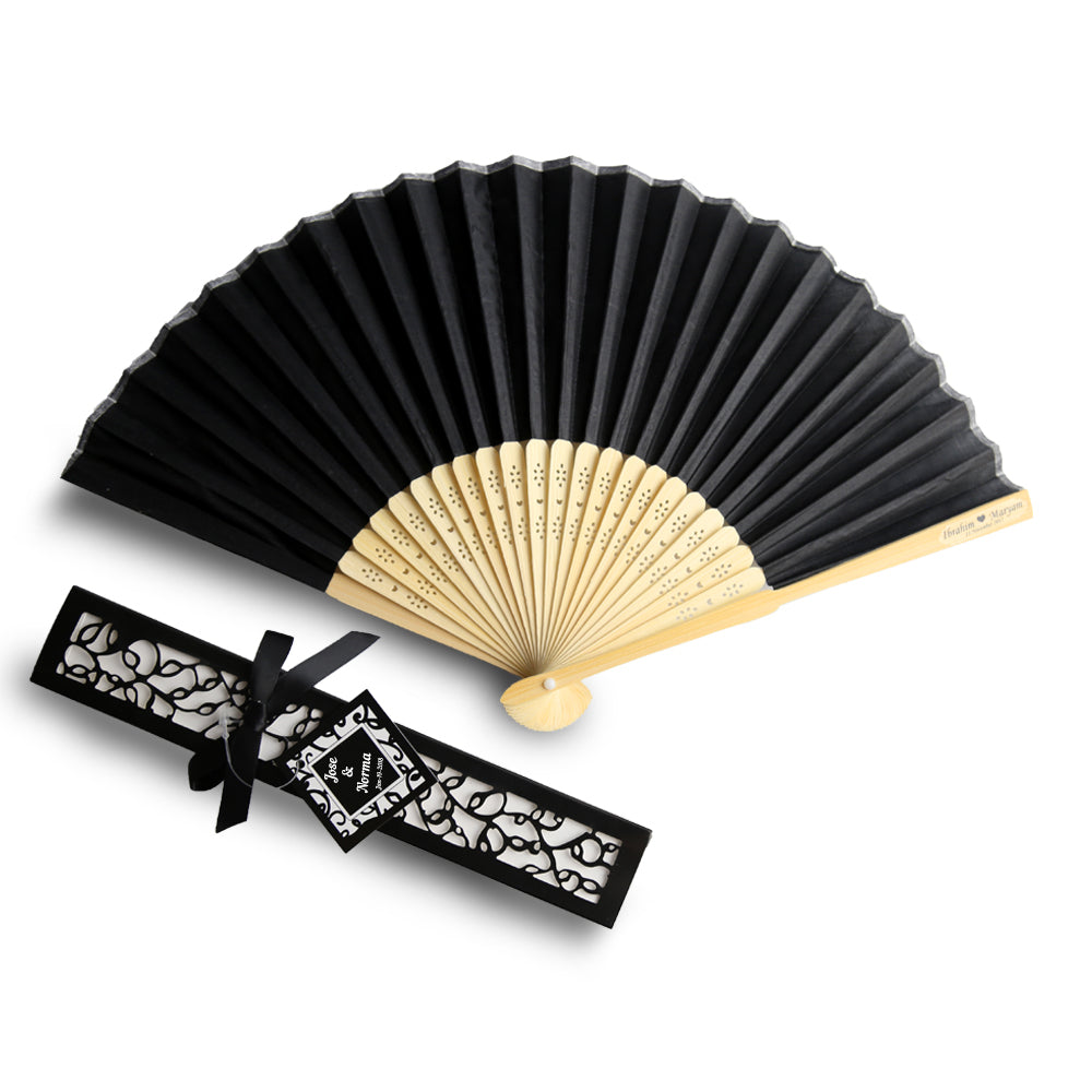 50pcs Satin Silk Folding Hand Held Bamboo Fans with Names for Summer Wedding Favor, Black - DorisHome