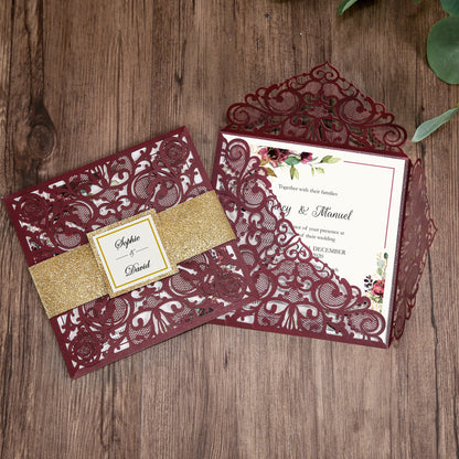 DreamBuilt Square Burgundy Wedding Invitations with Gold Glitter Belly Band for Wedding - DorisHome