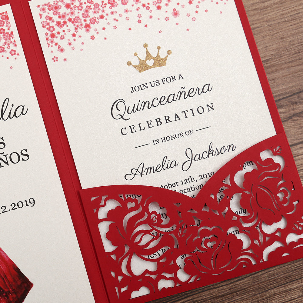 Red Floral Laser cut invitation cards for Quinceanera - DorisHome