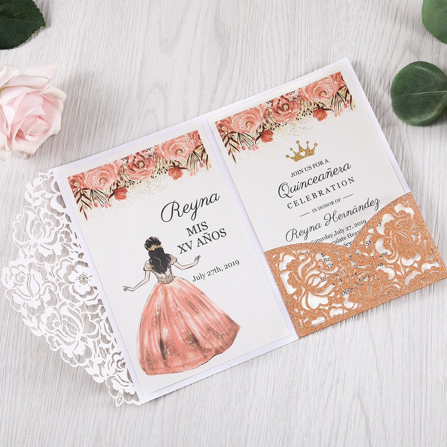 4.7 x7 inch Bronze Glitter Laser Cut Hollow Rose Quinceanera Invitations Cards with Envelopes