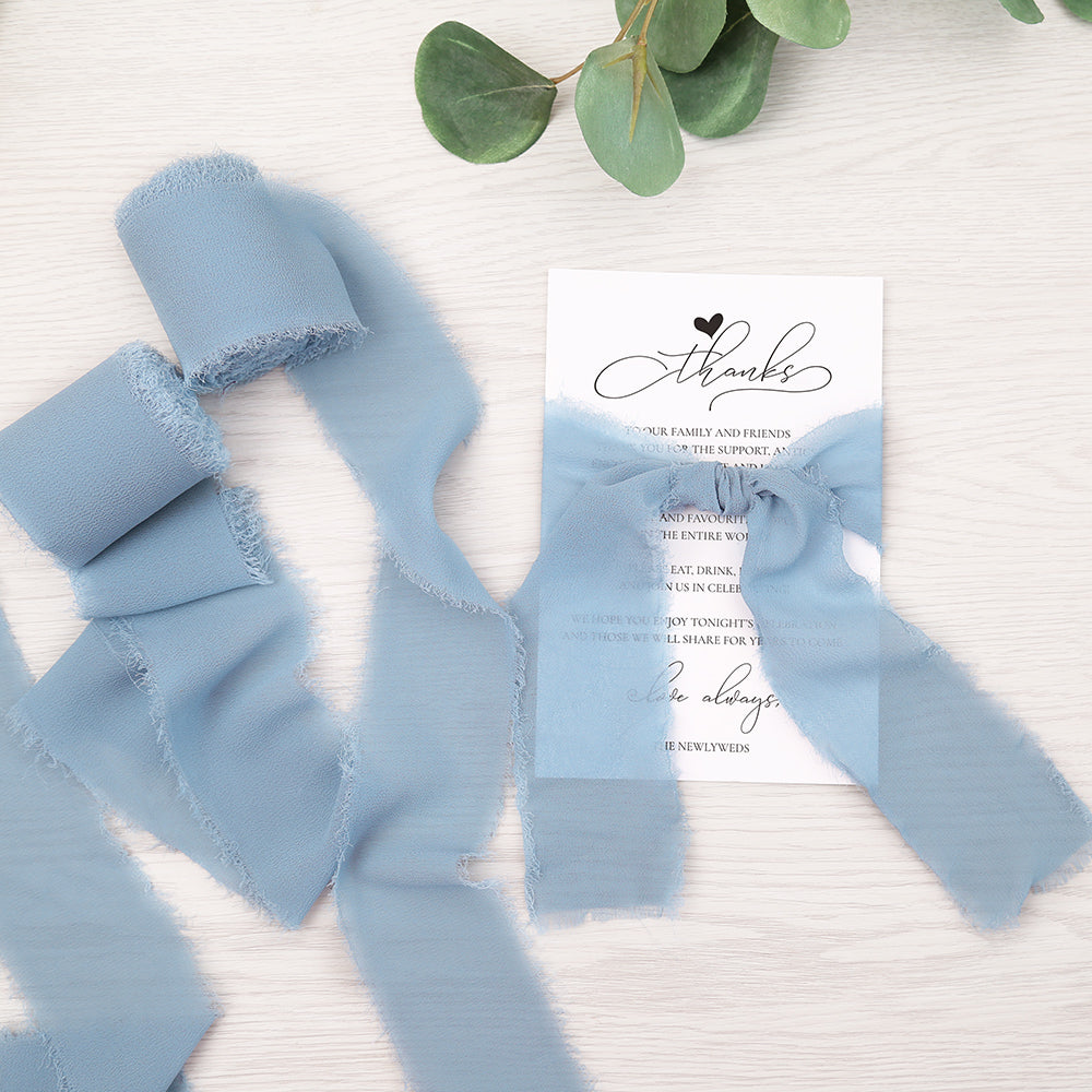 SHUNSTONE Dusty Blue Chiffon Ribbon 1.5” x 7Yd x 3 Rolls Handmade Fringe  Ribbon for Wedding Decoration, Gift wrappping, Invitations, Greeting Cards