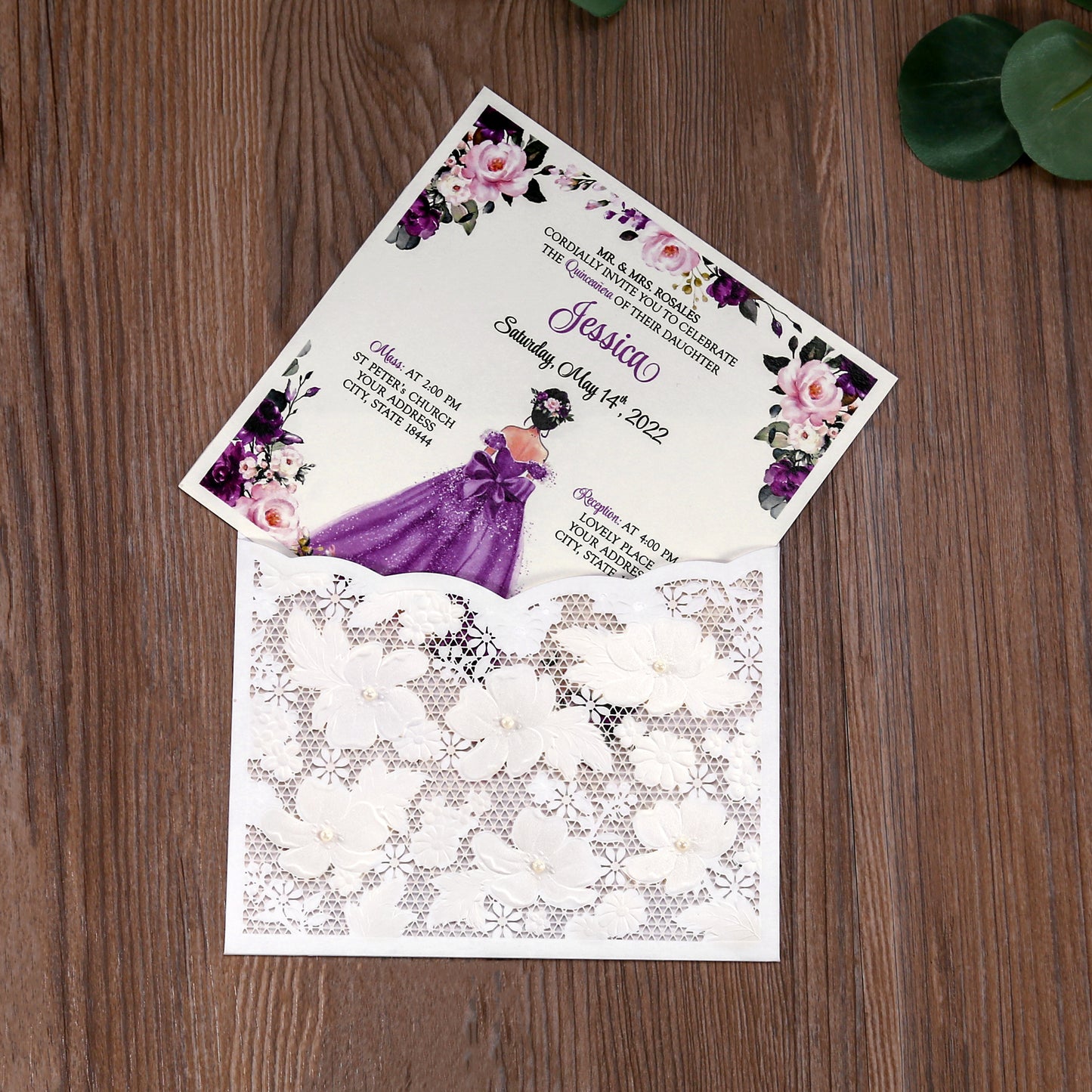 Ivory White Small Pearl Lace Invitations with Purple Design for Quinceanera