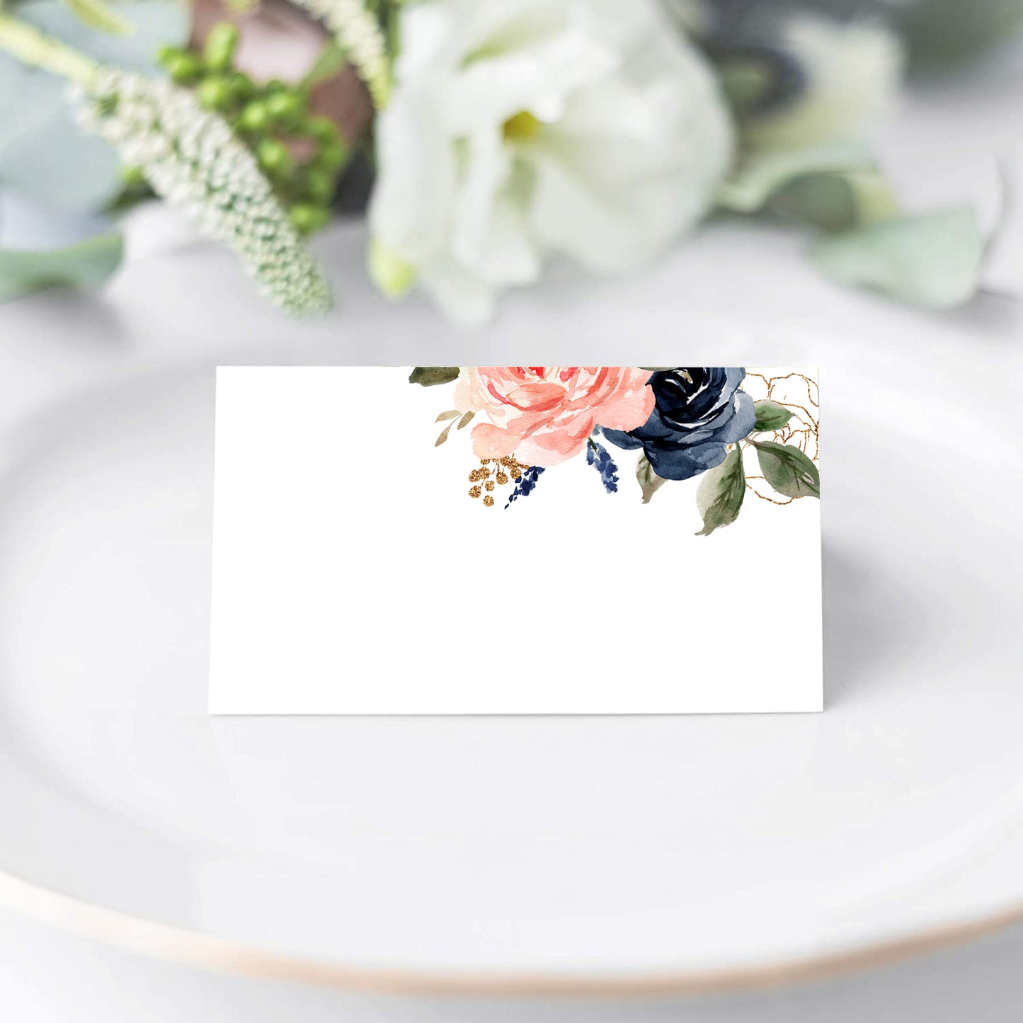Floral Place Cards for Wedding or Party, Seating Place Cards for Tables, Scored for Easy Folding, Navy Flower Design, 2 x 3.5 Inches