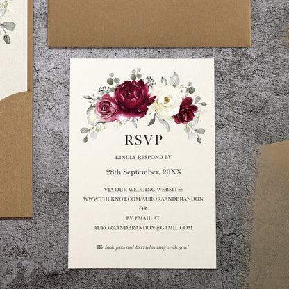 Vertical Burgundy Floral Laser cut invitations for Wedding Anniversary
