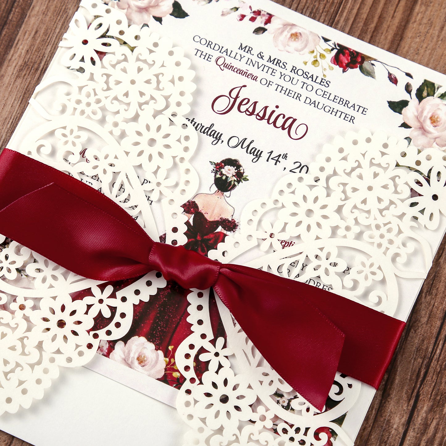 Square Invitations Cards With Burgundy Ribbon For Quinceanera - DorisHome