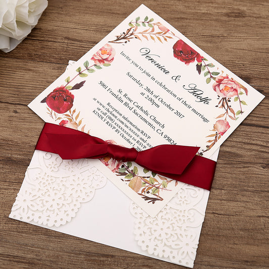 Square Invitations Cards With Burgundy Ribbon For Wedding