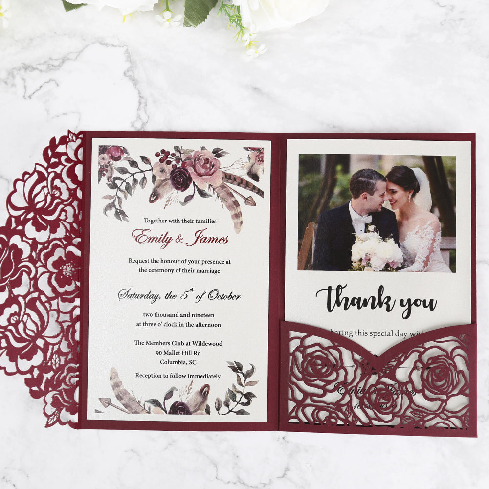 Burgundy Floral Laser cut invitation cards for Wedding - DorisHome