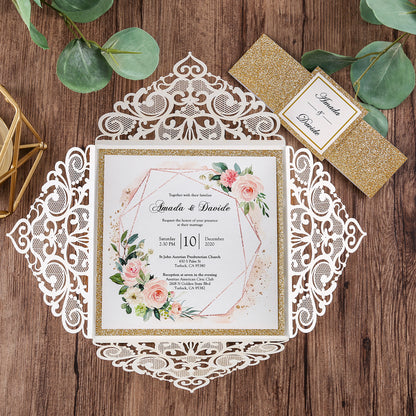 DreamBuilt Square Ivory Wedding Invitations with Gold Glitter Border with Gold Band for Wedding, Bridal Shower, Dinner, Party - DorisHome
