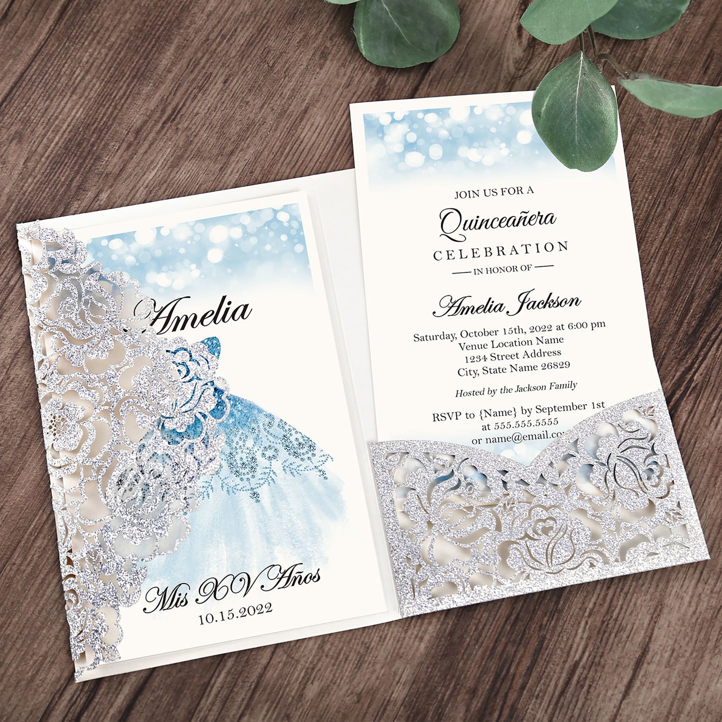 Glitter Silver Floral Laser cut invitation cards for Quinceanera