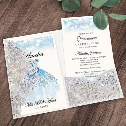 Glitter Silver Floral Laser cut invitation cards for Quinceanera