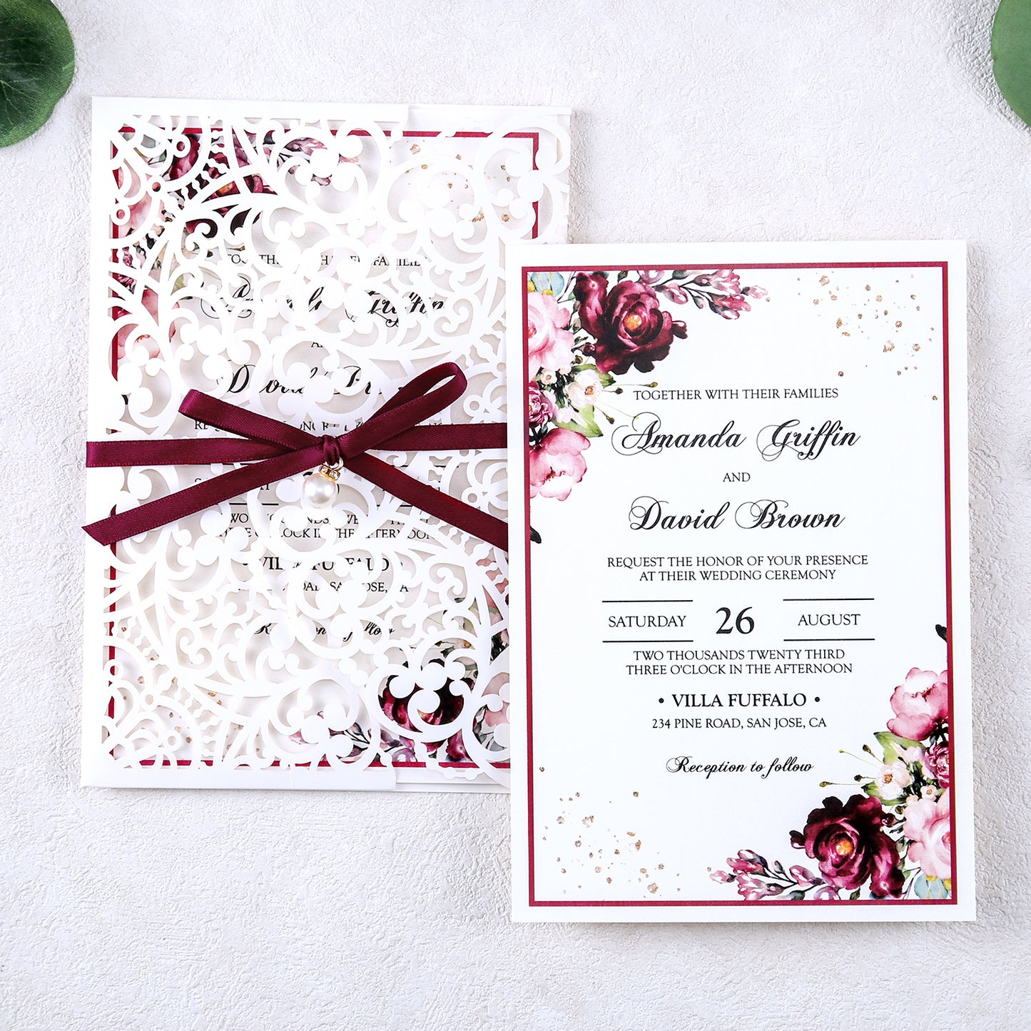 5 X 7.2" Laser Cut Hollow Rose Wedding invitations Cards With Burgundy Ribbon And Envelopes For Wedding Bridal Shower Engagement - DorisHome