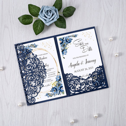 4.7 x7 inch Blue Laser Cut Hollow Rose Wedding Invitations Cards with Envelopes for Wedding Party - DorisHome