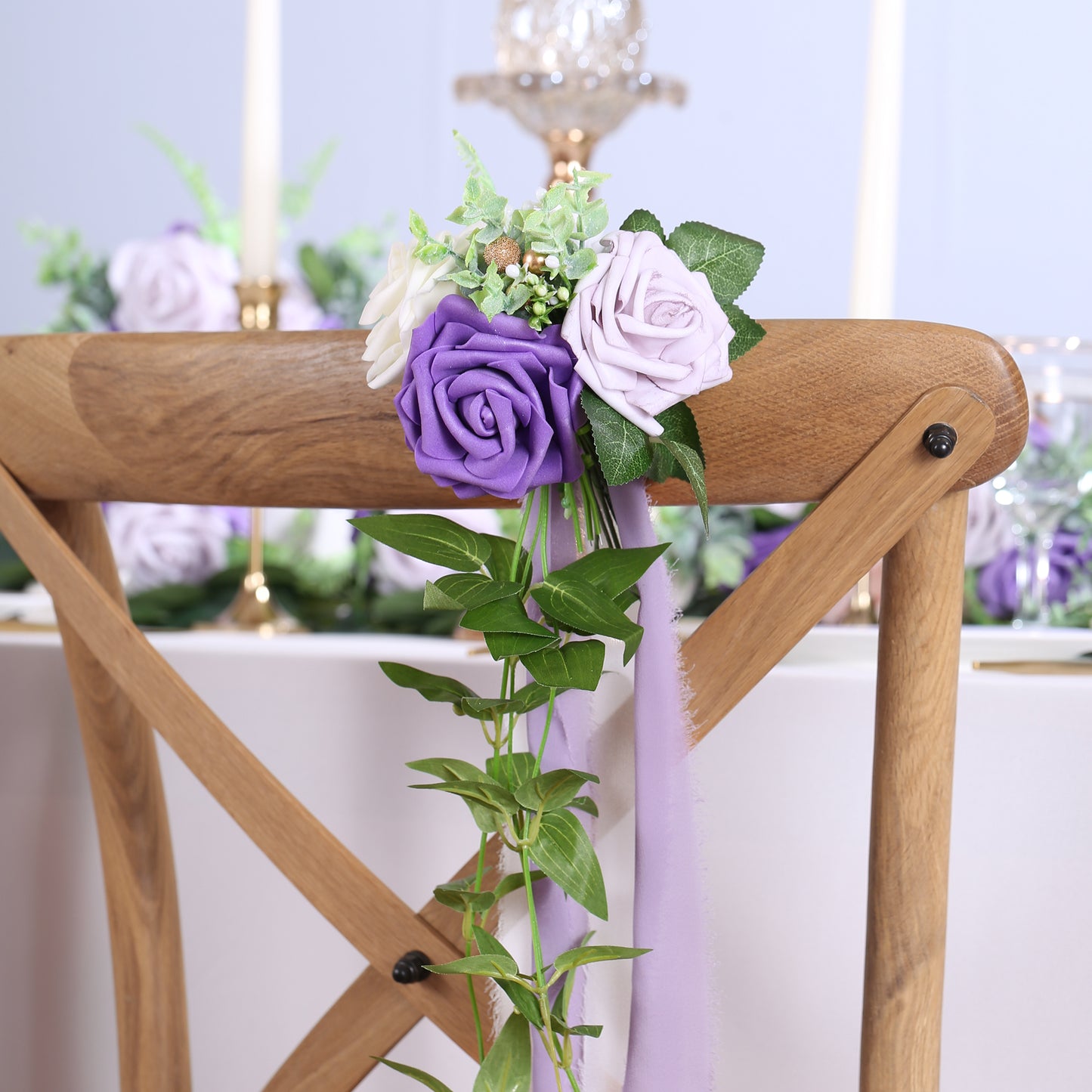 Wedding Aisle Decorations Purple Pew Flowers Set of 10 for Wedding Ceremony Party Chair Decor with Artificial Flowers Eucalyptus and Ribbons