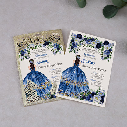 Light Gold Glitter with Hollow Butterflies Invitations Greeting Cards For Quinceanera