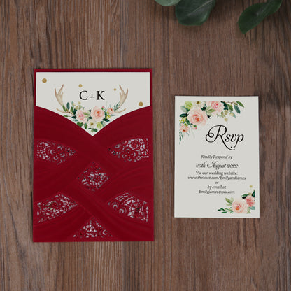 Vertical Laser Cut Wedding Invitation with Red Hollow Flora - DorisHome