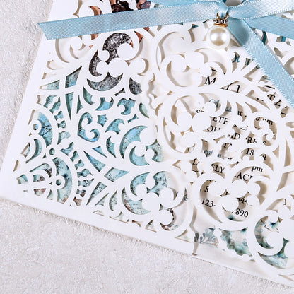 5 X 7.2" Laser Cut Hollow Rose Wedding invitations Cards With Blue Ribbon And Envelopes For Quinceanera Sweet 15 Invite - DorisHome
