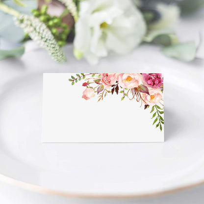 Floral Place Cards for Wedding or Party, Seating Place Cards for Tables, Scored for Easy Folding, Blush Flower Design, 2 x 3.5 Inches