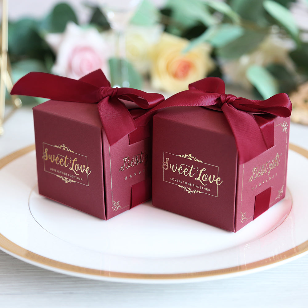 50 pcs Birthday Wedding Party Favor, Wedding Gift Bags Chocolate Candy and Gift Boxes Bridal Shower Party Paper Gift Box Burgundy Boxes with Ribbons,CB080R - DorisHome