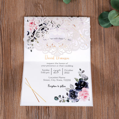Ivory White Laser Cut Flower with Bowknot Wedding Invitations,Invitations - DorisHome