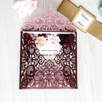Square Burgundy Wedding Invitations with Gold Glitter Belly Band for Wedding - DorisHome