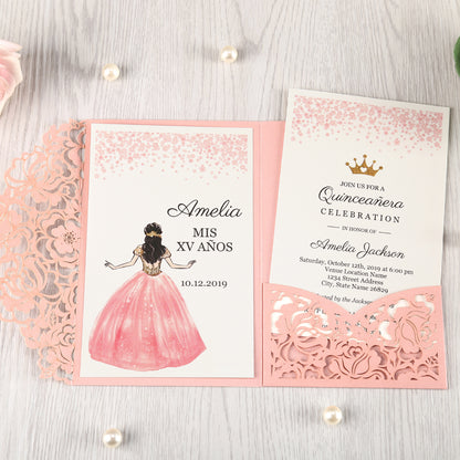 Pink Floral Laser cut invitation cards for Quinceanera - DorisHome