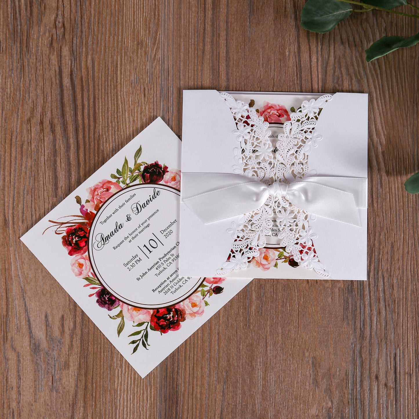 Laser cut Ivory White Hollow Flora Wedding Invitation with Bowknot