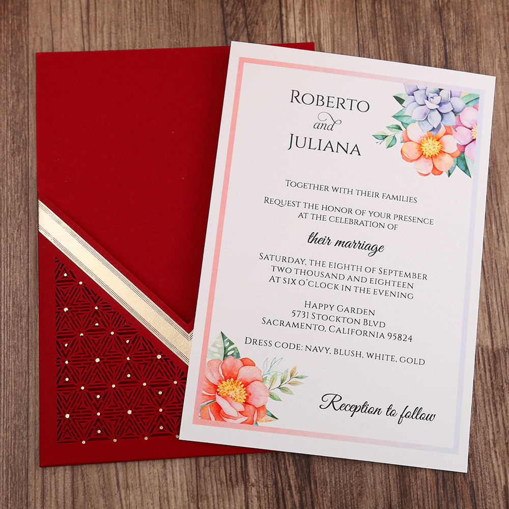 Red Floral Laser cut invitation cards for Wedding, Anniversary - DorisHome