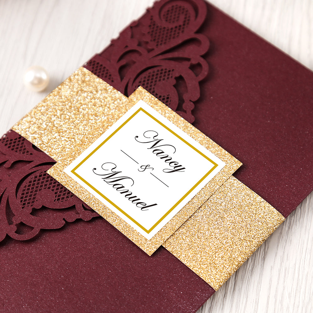 Pearlized Burgundy Floral Laser cut Wedding Invitation with Glitter Gold Bellyband for Wedding, Anniversary, Quinceanera - DorisHome