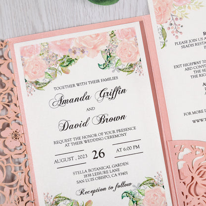 Pink Floral Laser cut invitation cards for Wedding