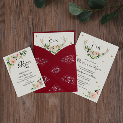 Vertical Laser Cut Wedding Invitation with Red Hollow Flora - DorisHome