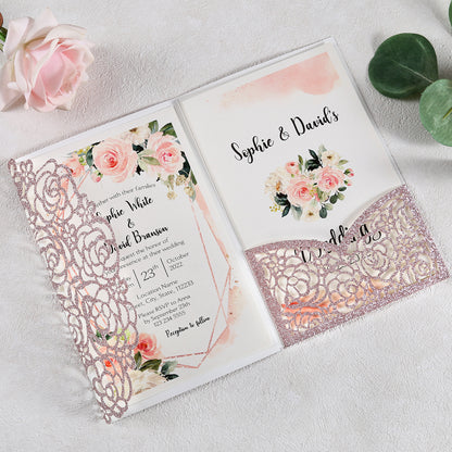 4.7 x7 inch Rose Gold Laser Cut Hollow Rose Wedding Invitations Cards with Glitter Pockets and Envelopes for Wedding Bridal Shower - DorisHome