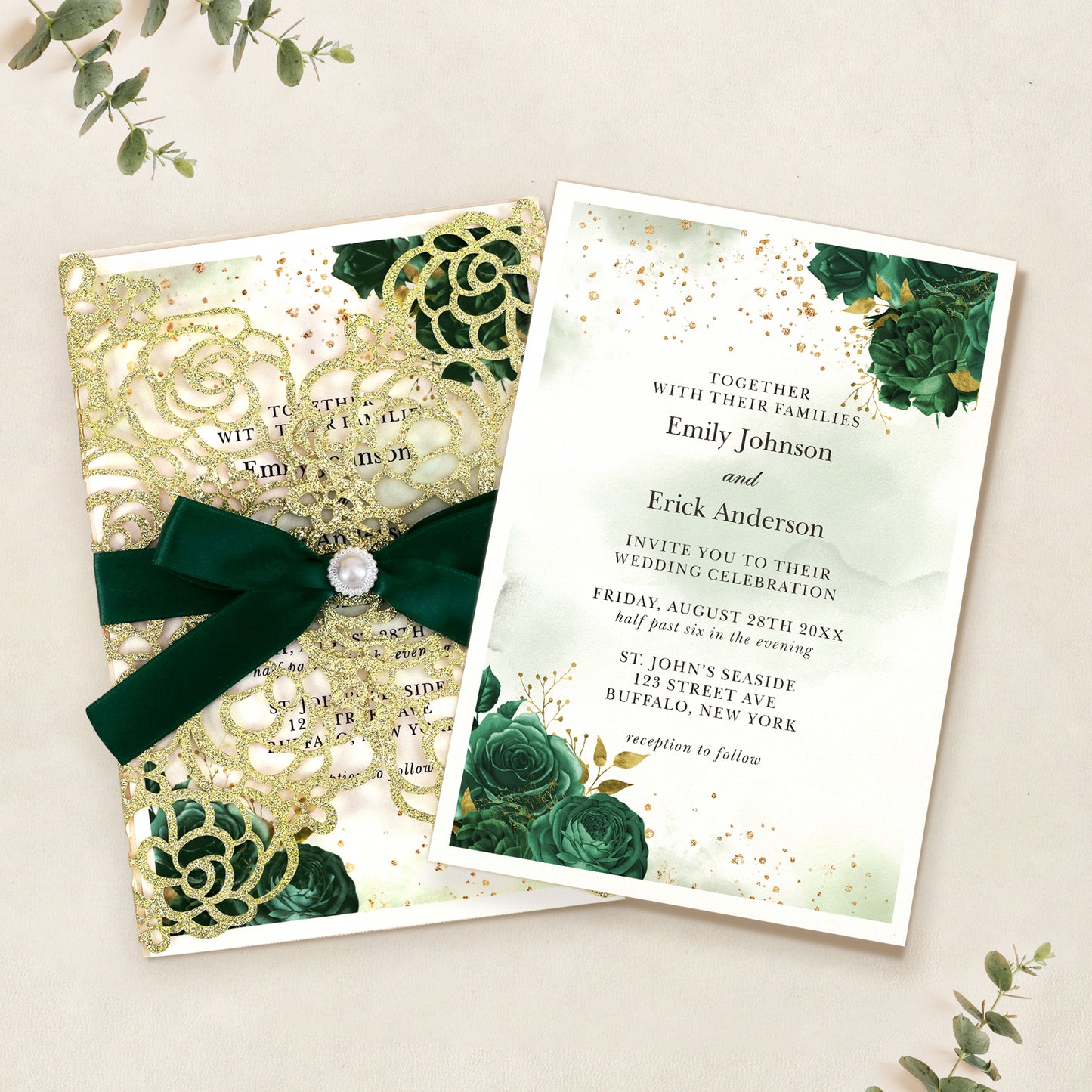 Gold Glitter Floral Laser cut invitation cards with Emerald Green Ribbon and Pearl for Wedding Anniversary