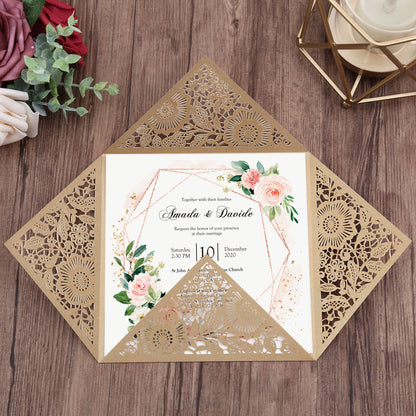Square Gold Lase-cut Lace Flower Pattern Wedding Invitations - DorisHome