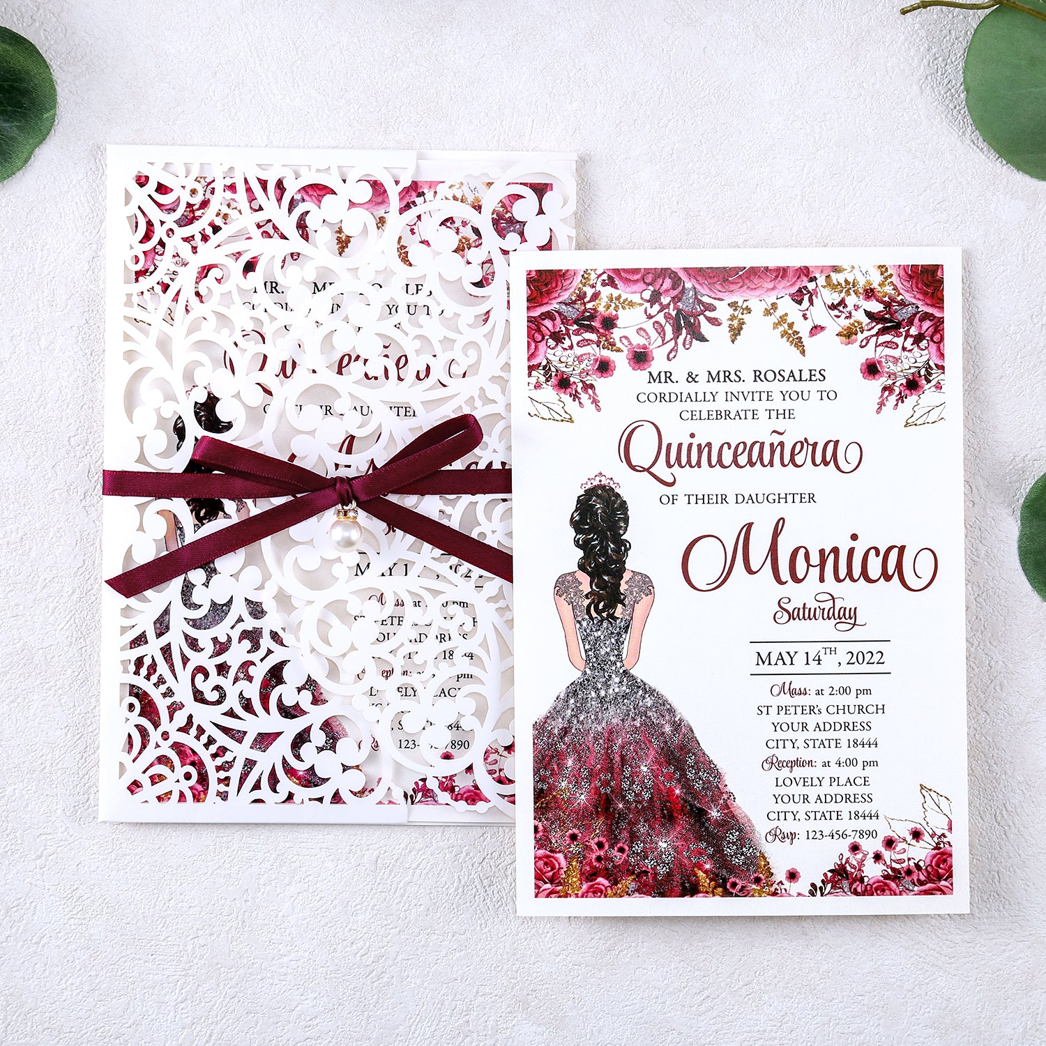 5 X 7.2" Laser Cut Hollow Rose Wedding invitations Cards With Burgundy Ribbon And Envelopes For Quinceanera Sweet 15 Invite - DorisHome