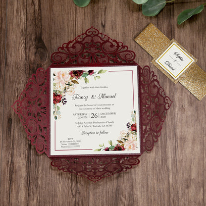 DreamBuilt Square Burgundy Wedding Invitations with Gold Glitter Belly Band for Wedding - DorisHome