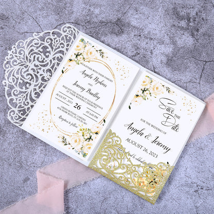 4.7 x7 inch Gold Glitter Laser Cut Hollow Rose Wedding Invitations Cards with Glitter Pockets and Envelopes for Wedding Party - DorisHome