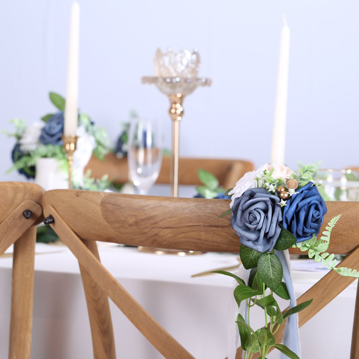 Wedding Aisle Decorations Blue Pew Flowers Set of 10 for Wedding Ceremony Party Chair Decor with Artificial Flowers Eucalyptus and Ribbons