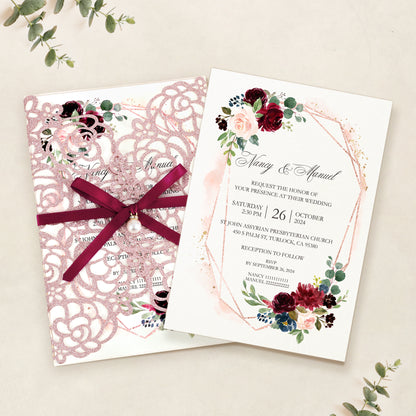 Rose Gold Glitter Floral Laser cut invitation cards with Burgundy Ribbon and Pearl for Wedding Anniversary - DorisHome