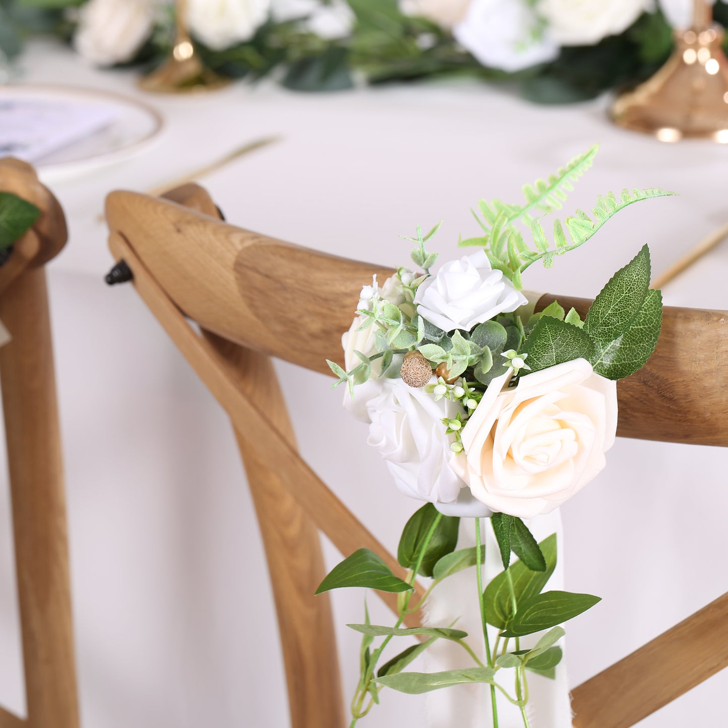 Wedding Aisle Decorations White Pew Flowers Set of 10 for Wedding Ceremony Party Chair Decor with Artificial Flowers Eucalyptus and Ribbons