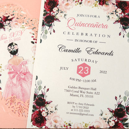 Pocket Pink Wedding Invitations Greeting Cards For Quinceanera - DorisHome
