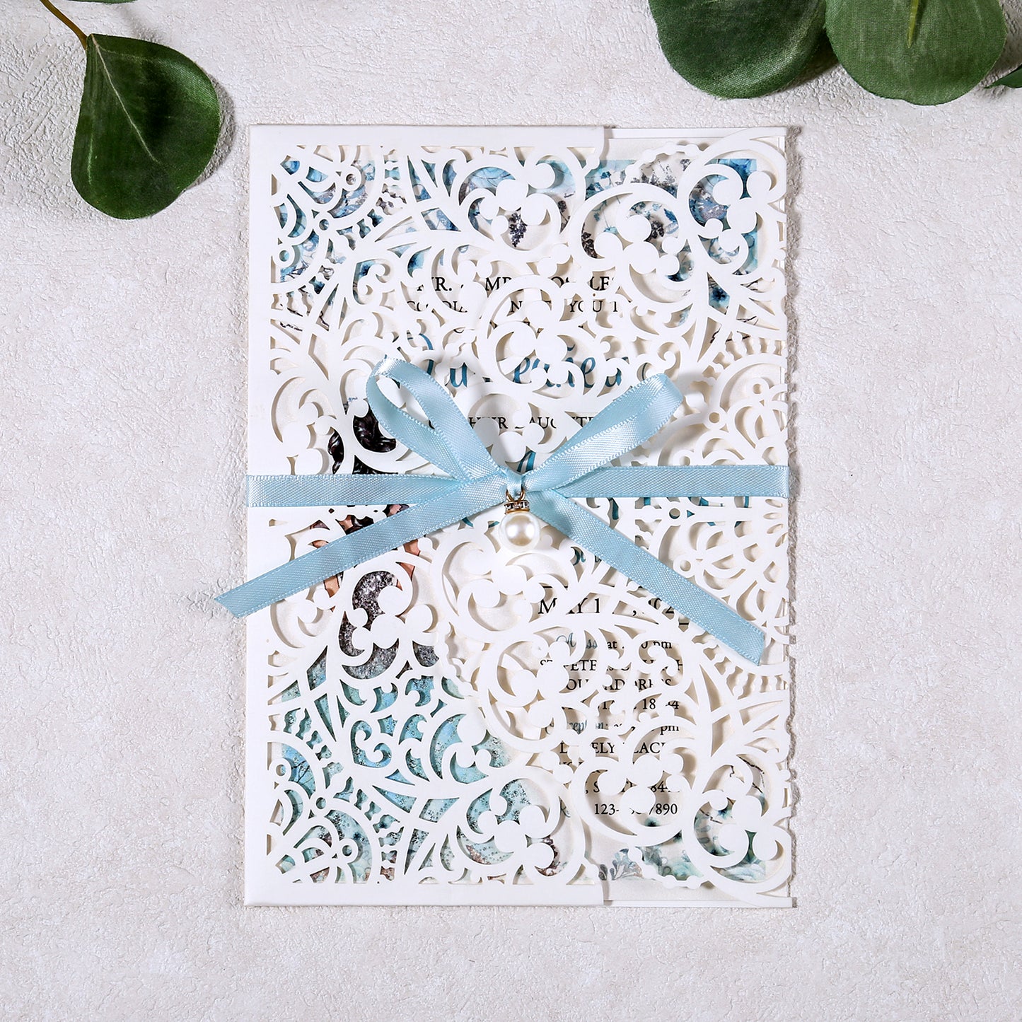 5 X 7.2" Laser Cut Hollow Rose Wedding invitations Cards With Blue Ribbon And Envelopes For Quinceanera Sweet 15 Invite - DorisHome