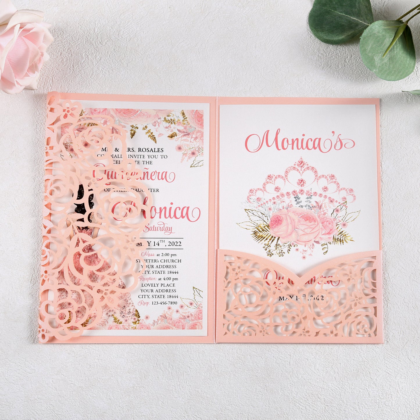 4.7 x7 inch Pink Laser Cut Hollow Rose Wedding Invitations Cards with Pearlized Pockets and Envelopes for Wedding Bridal Shower - DorisHome