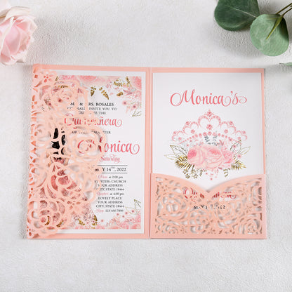 4.7 x7 inch Pink Laser Cut Hollow Rose Wedding Invitations Cards with Pearlized Pockets and Envelopes for Wedding Bridal Shower - DorisHome