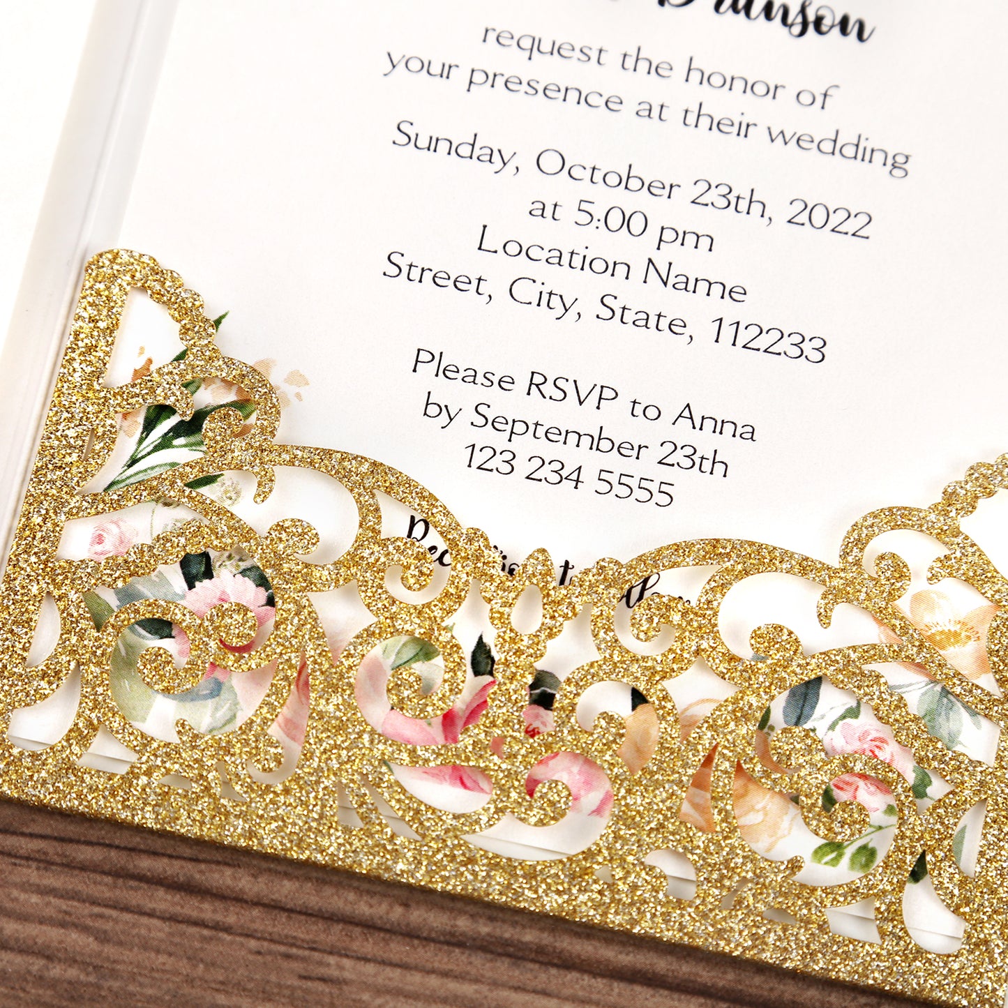 4.7 x7 inch Gold Glitter Laser Cut Wedding Invitations With Envelopes Kit Hollow Rose Pocket And Burgundy Ribbon Belly Band for Wedding Bridal Shower Engagement Invite
