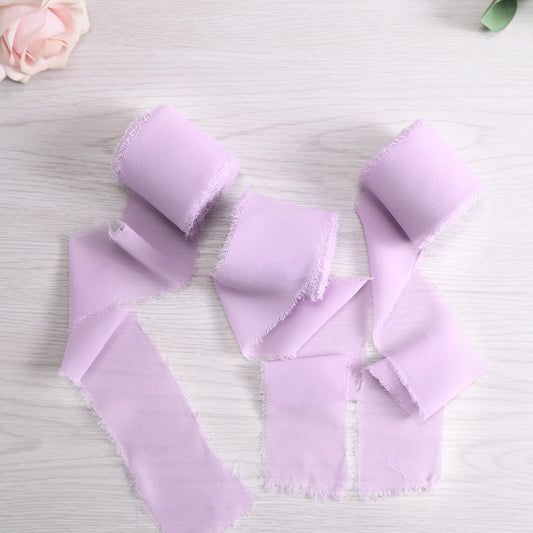 Handmade Fringe Chiffon Silk-Like Ribbon 2" x 7Yd Set of 3 Rolls Ribbons for Wedding Invitations, Bouquets, Gift Wrapping (3 Rolls Light Purple) - DorisHome